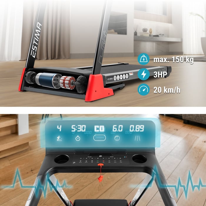 Tapis roulant HS-3200LB Estima équipé d’un moteur puissant de 3 CV permettant une vitesse jusqu’à 20 km/h