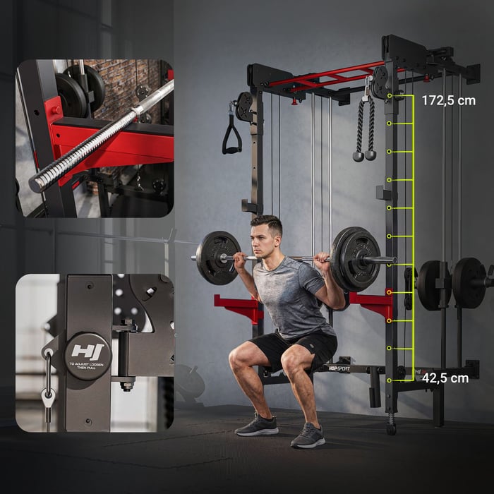 Power rack avec 11 positions de hauteur pour un réglage précis selon la taille.