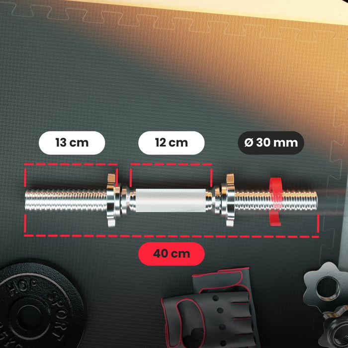 Barre courte 40 cm en acier chromé, pratique pour exercices ciblés avec fermetures rapides.