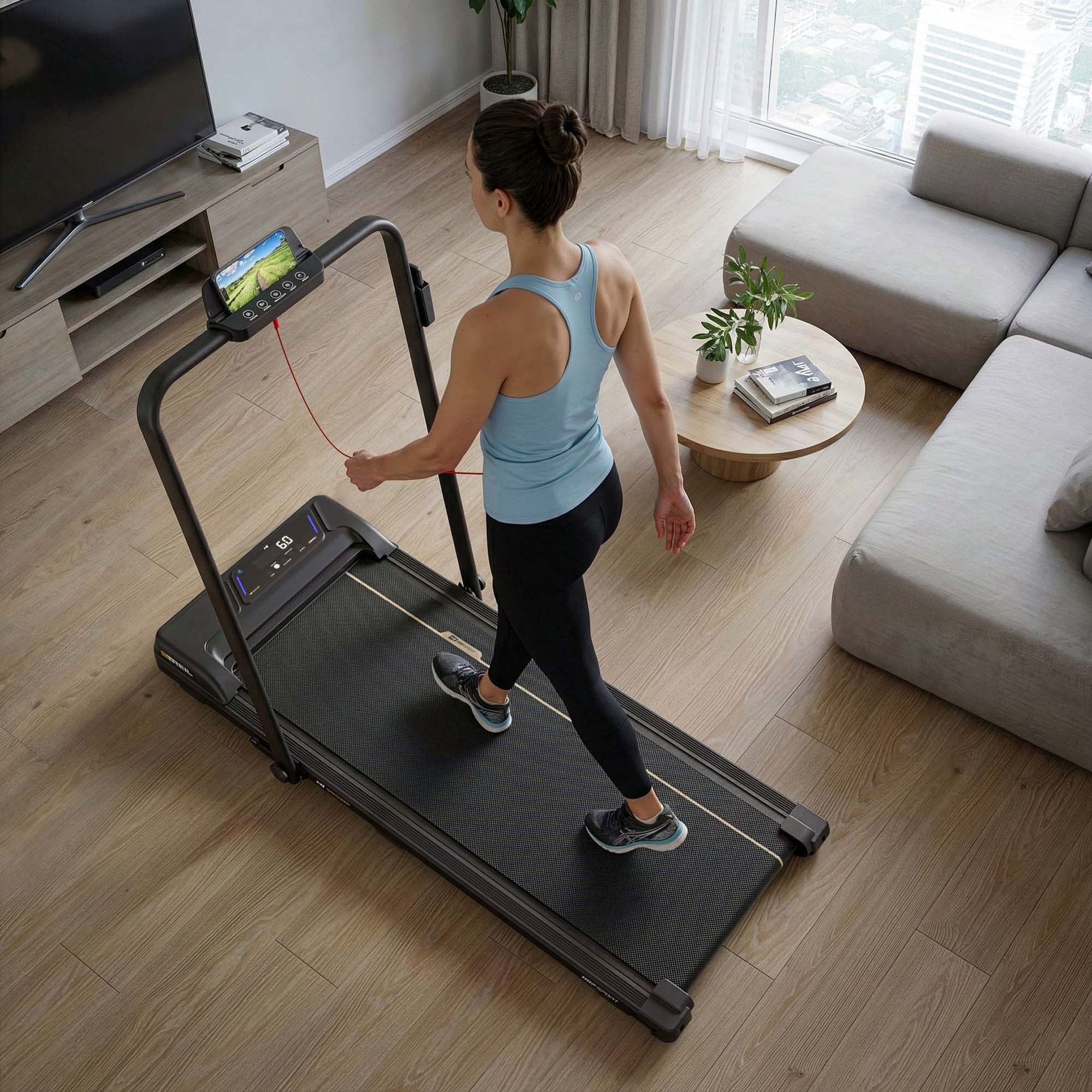 Tapis roulant large de 108 x 40 cm avec inclinaison réglable.