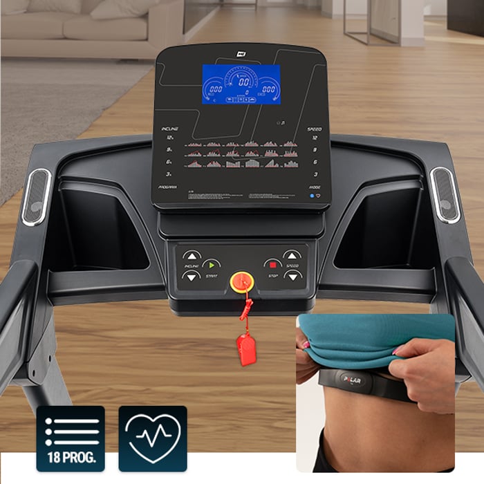 Tapis de course HS-2800LB Integra affichant calories brûlées, temps, distance, nombre de pas, fréquence cardiaque