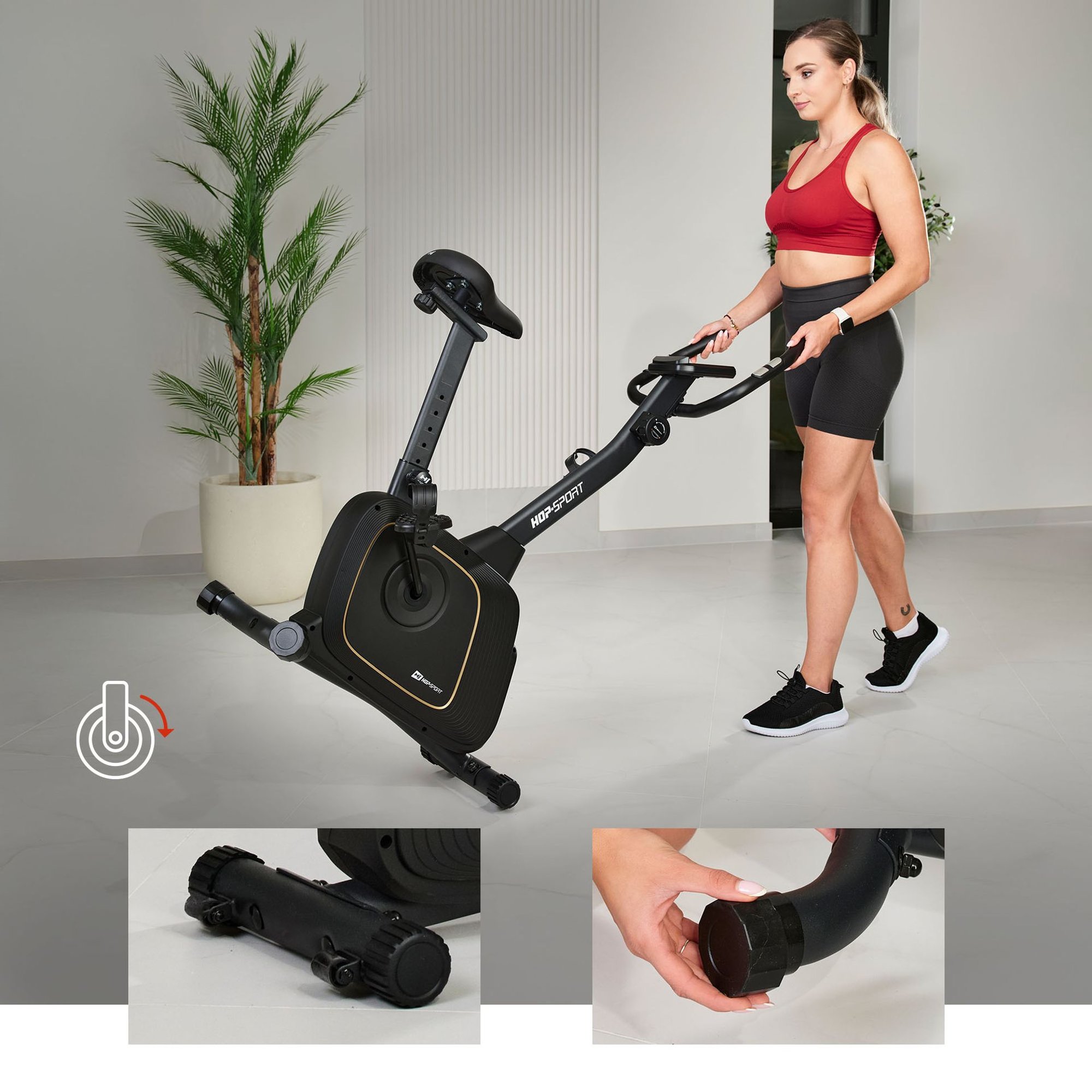 Vélo cardio Hop-Sport compact et pratique, idéal pour petits espaces avec déplacement simple