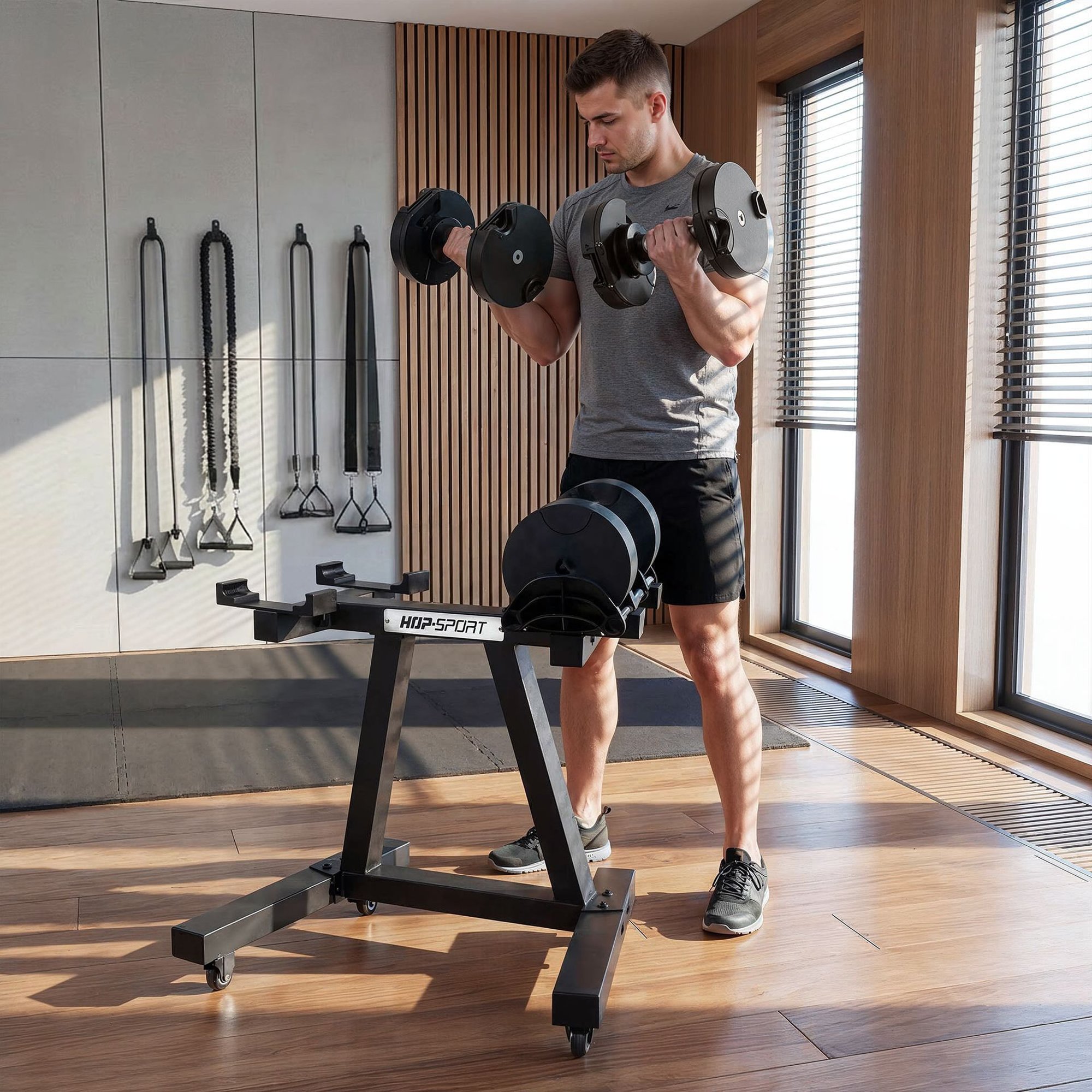 Détail des 16 disques de charge en fonte pour un entraînement de musculation progressif.