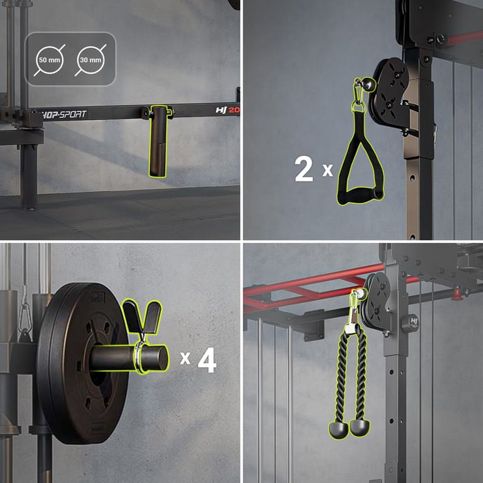 Power Rack incluant poignées de poulie, corde et colliers de serrage.