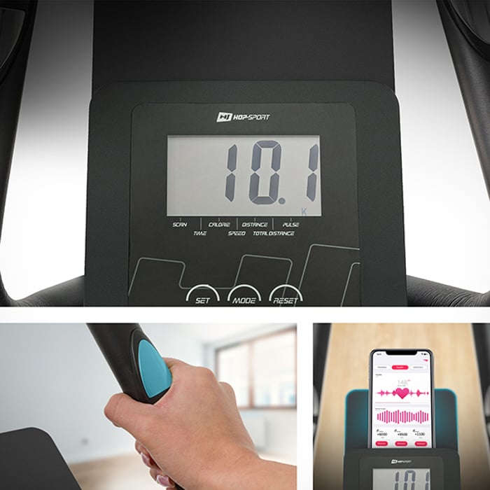 Ordinateur d’entraînement sur Cross Stepper affichant vitesse, distance, calories et fréquence cardiaque