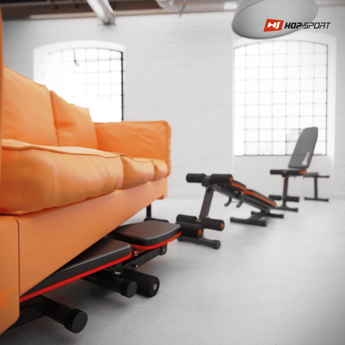 Banc de musculation pliable compact HS-1010 Pro pour home gym, rangement facile sous le lit.