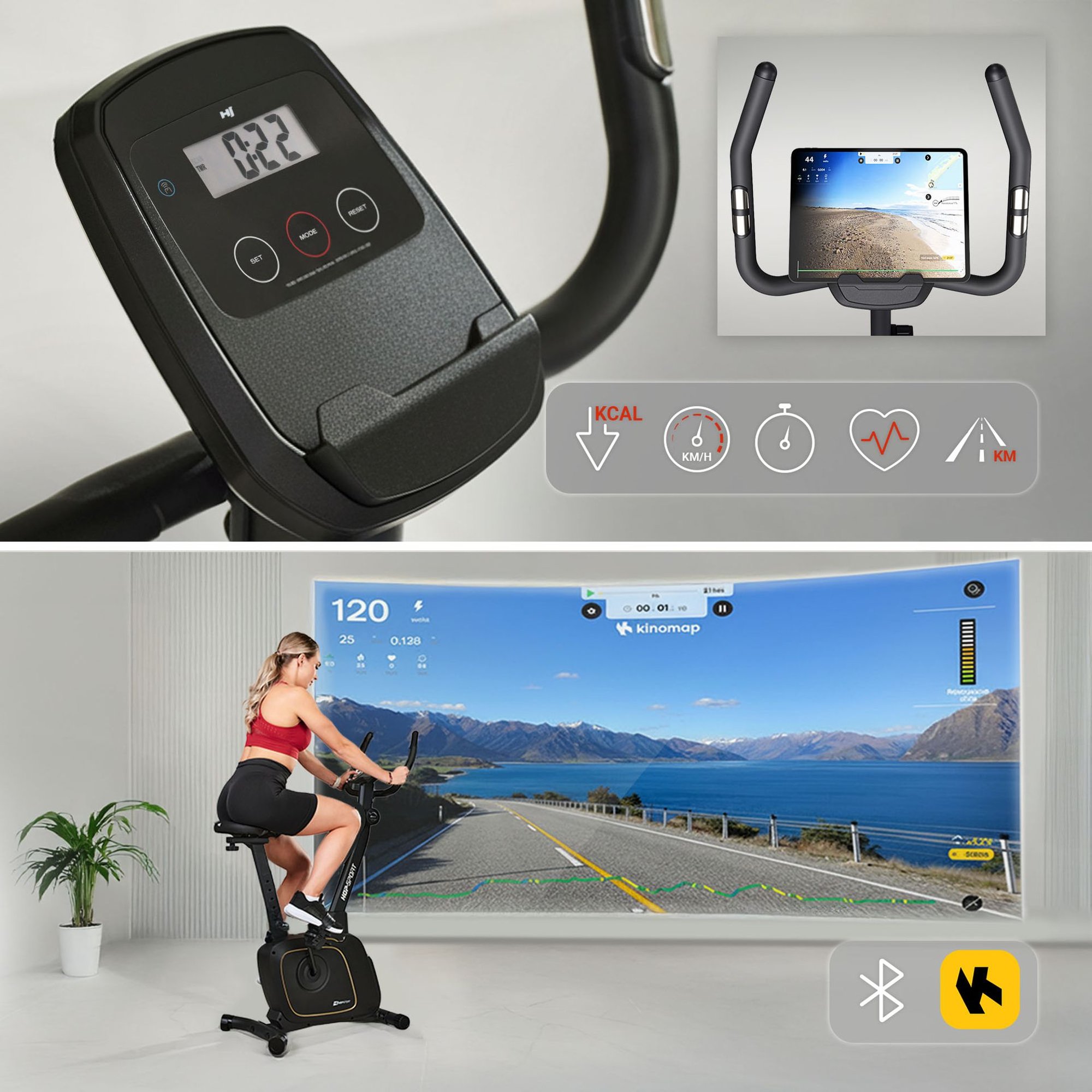 Vélo d’appartement Hop-Sport avec écran multifonction, compatibilité Kinomap