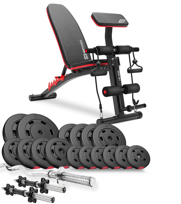 Banc de musculation Hop-Sport HS-1035 pour home gym, avec haltères.