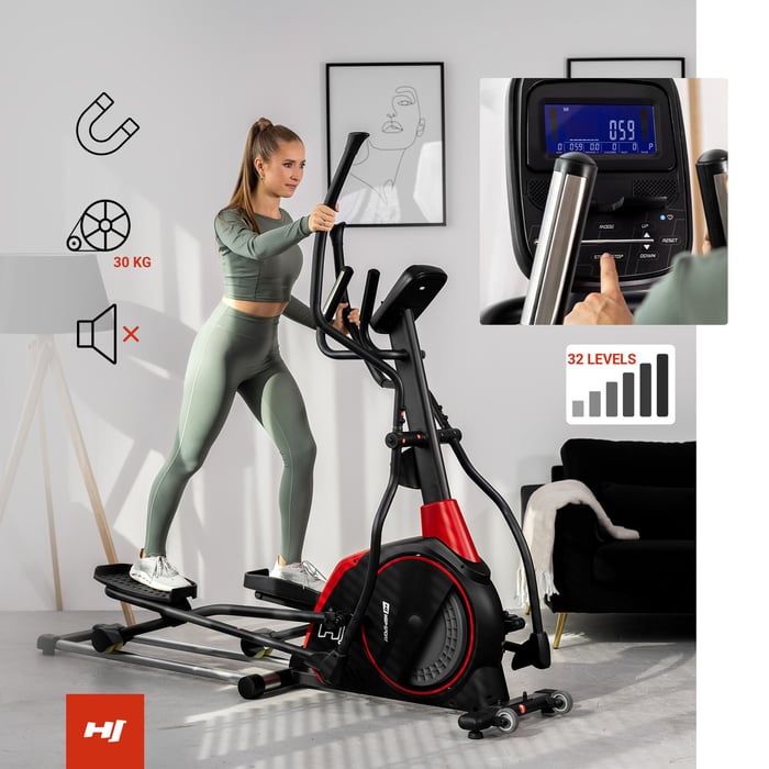 Vélo elliptique équipé de vis de stabilisation pour un positionnement sûr