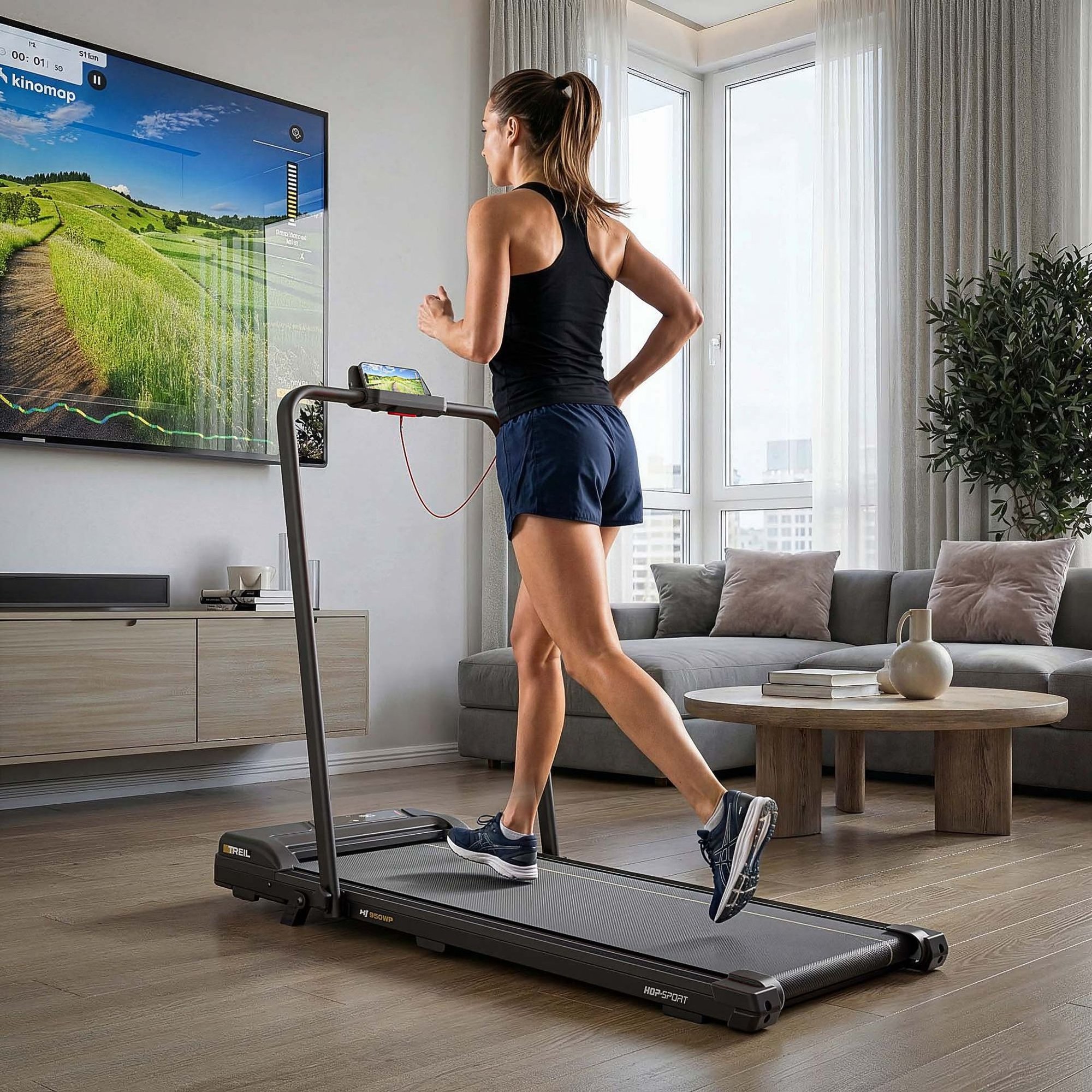 Tapis roulant Bluetooth avec support smartphone et télécommande.