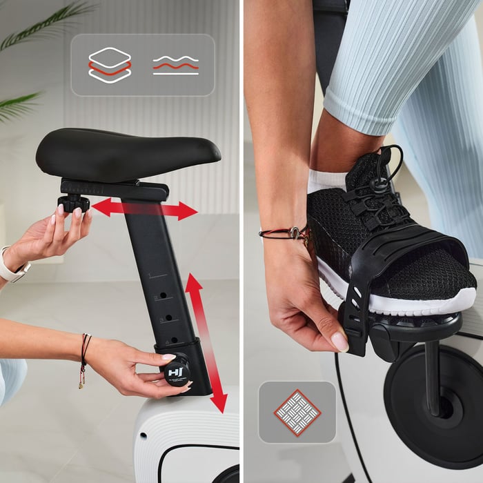 Siège confortable et pédales stables du vélo cardio pour un entraînement sécurisé