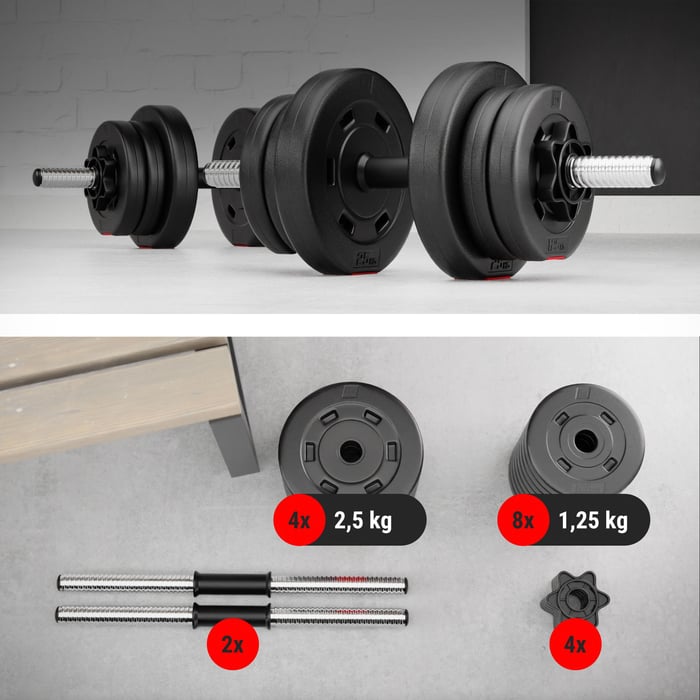Haltères courtes 20 kg avec barres chromées 30 mm et disques en plastique pour musculation à domicile