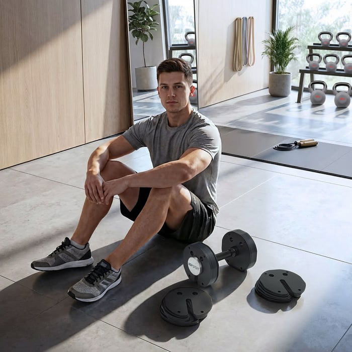 Haltère réglable en fonte massive de 4 à 30 kg pour musculation à domicile.