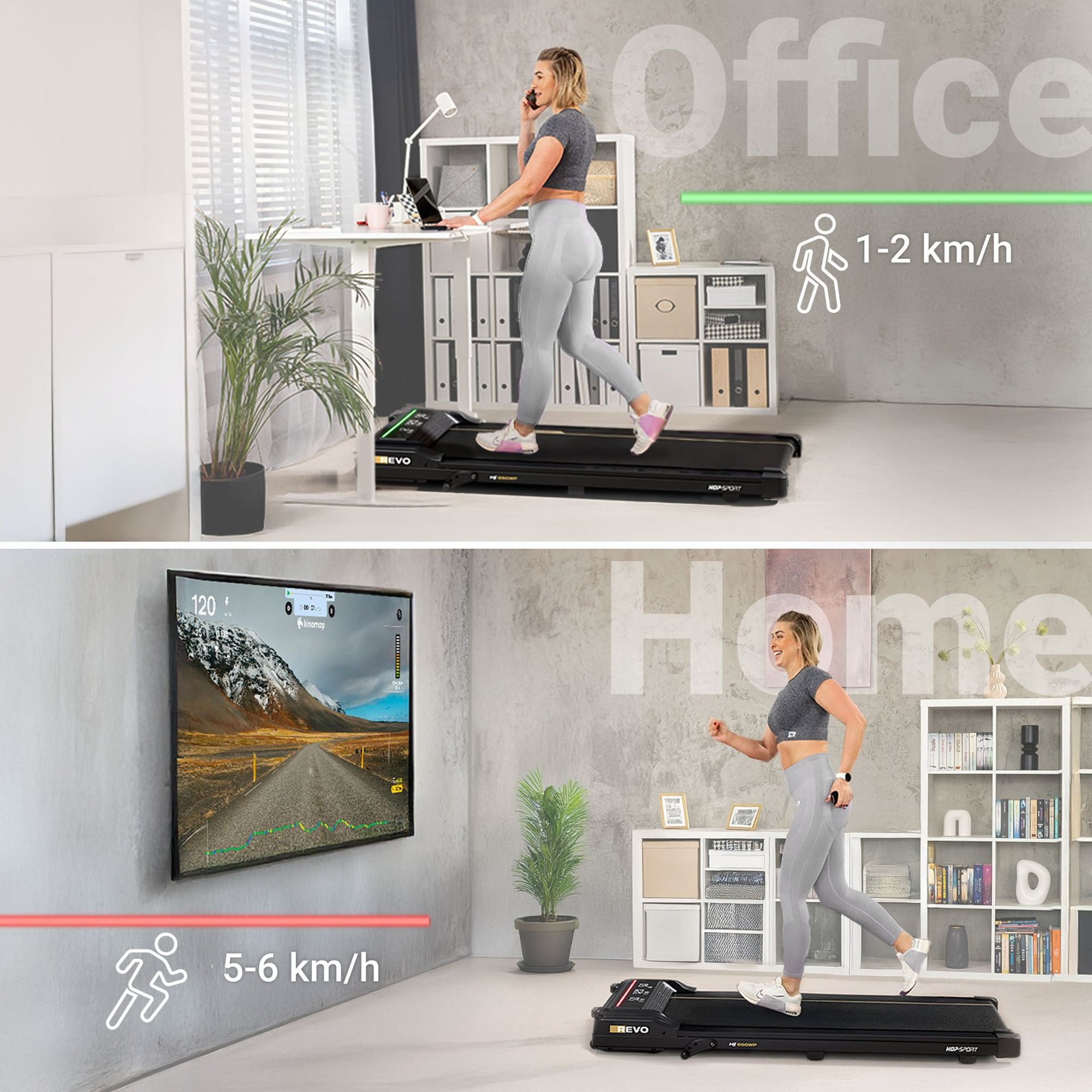 Tapis de marche HS-650WP Revo utilisé sous un bureau réglable en hauteur.