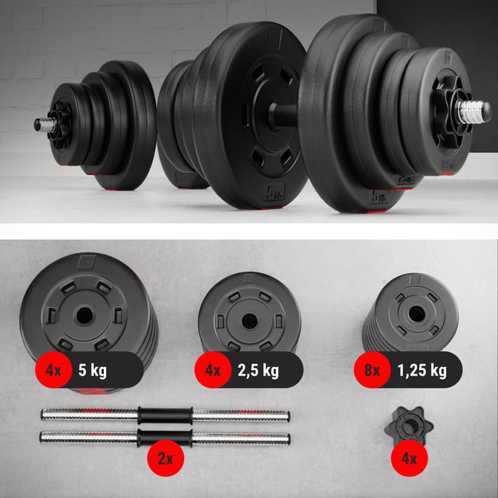 Haltères courtes 40 kg avec barres 30 mm et disques en plastique pour musculation à domicile