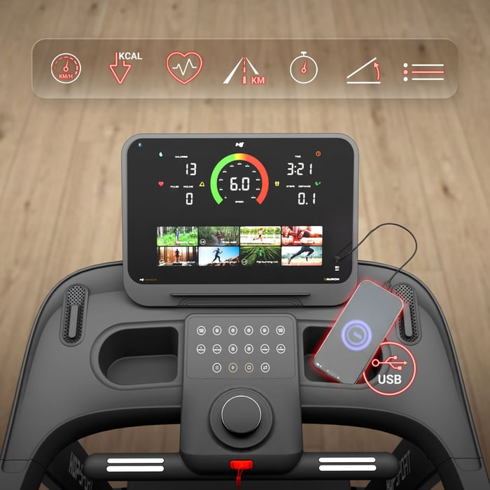 Tapis de course électrique HS-4600LB Auron, vitesse 20 km/h et moteur 2,61 kW.