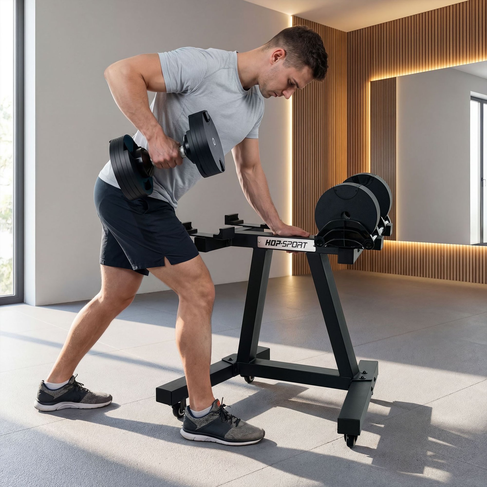 Roulettes pivotantes avec système de freinage pour déplacer le support d'haltères.