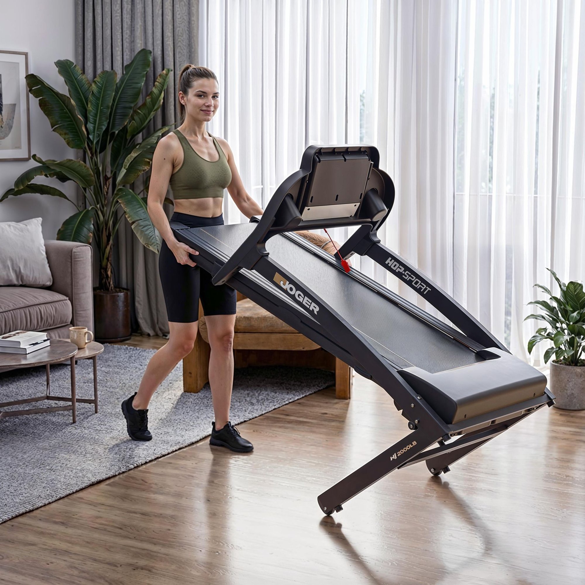 Tapis de course pliable Joger avec roulettes de transport pour rangement gain de place.