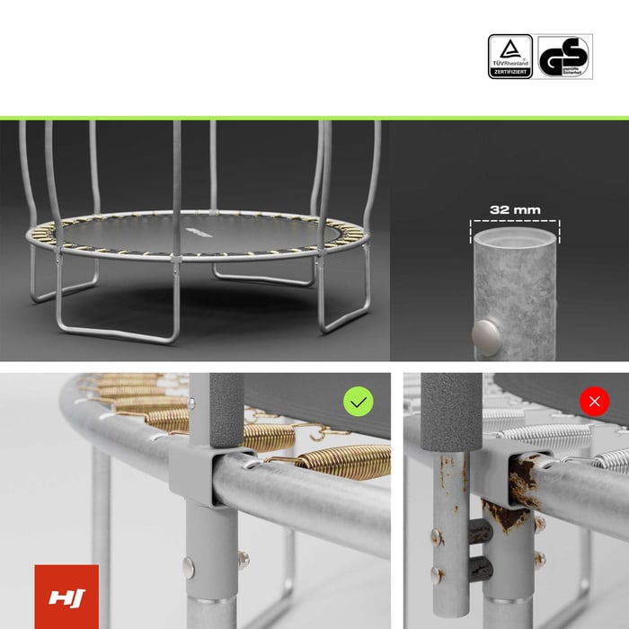 Cadre en acier galvanisé anticorrosion et poteaux rembourrés en mousse EPE du trampoline