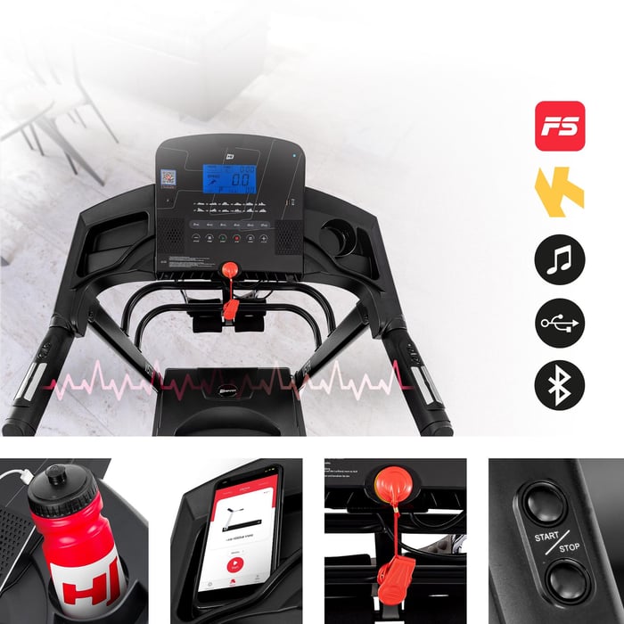 Écran multifonction LCD du tapis de course HS-1500LB Vista affichant distance, temps, vitesse, calories et fréquence cardiaque