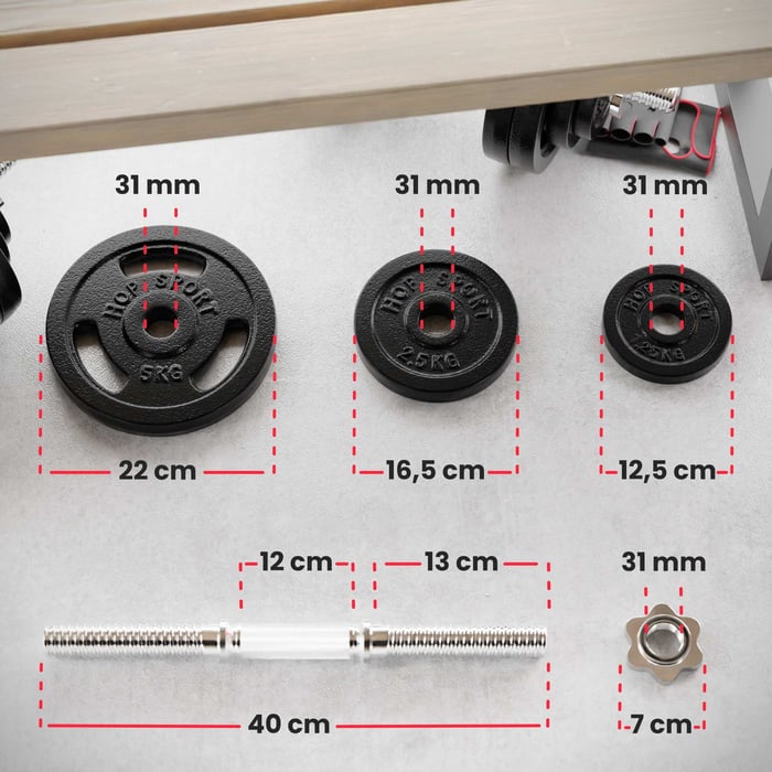 Haltères réglables en fonte 2 × 30 kg avec disques ronds, revêtement anticorrosion et poignées moletées