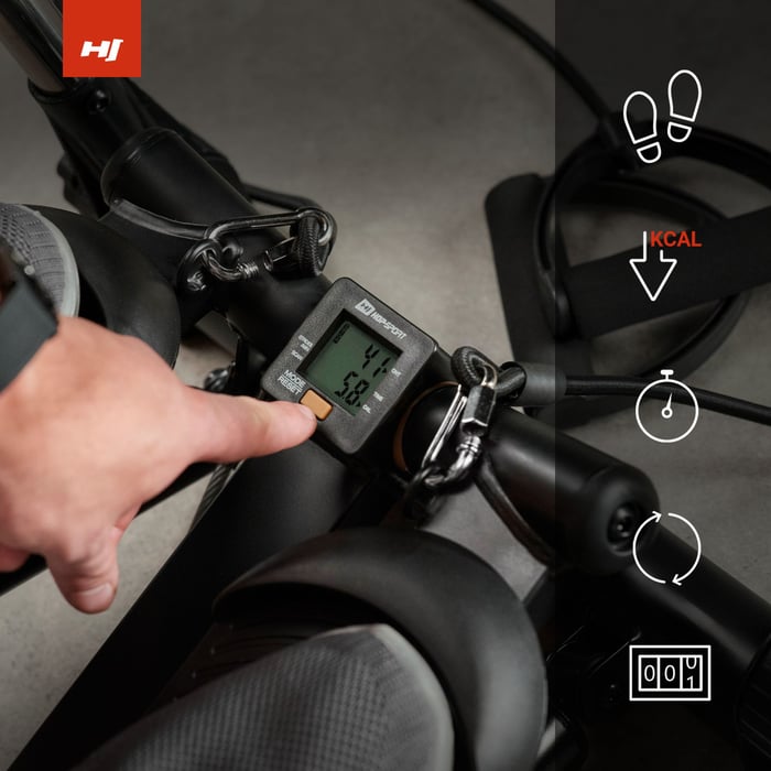 Console LCD du stepepr affichant pas, temps, calories brûlées, répétitions par minute et fonction SCAN