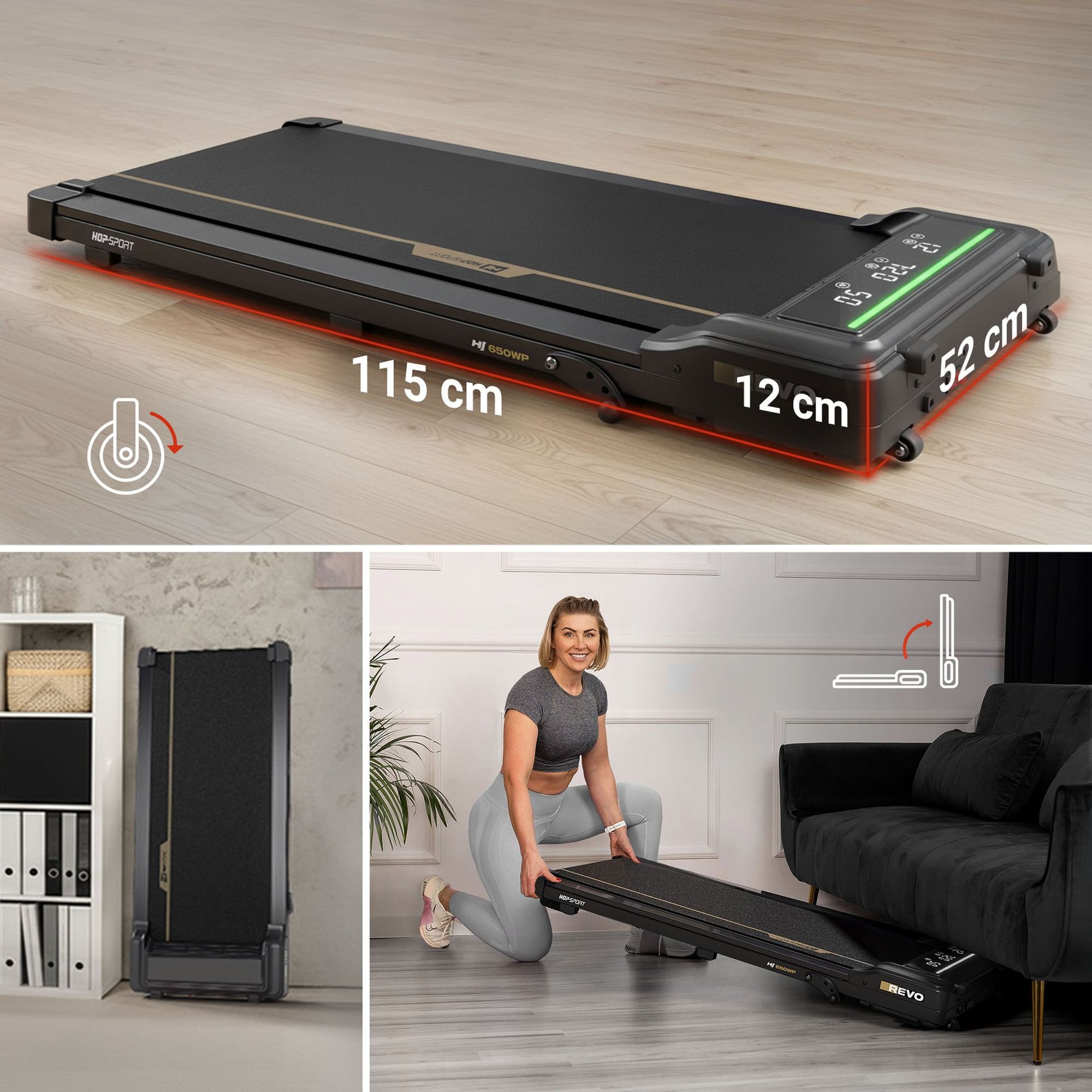 Rangement vertical du tapis de marche léger avec roulettes de transport.