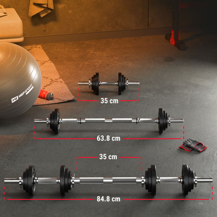 Haltères réglables Hop-Sport 2 × 10 kg, transformables en barre longue, pour musculation des bras