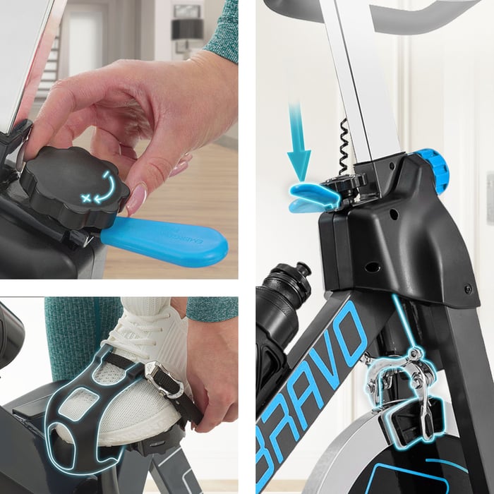 Pédales antidérapantes avec sangles de maintien et frein d’arrêt rapide du vélo d’appartement HS-045IC Bravo