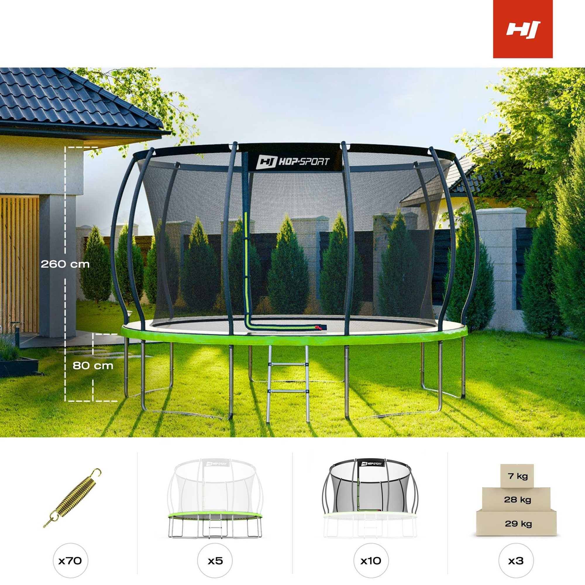 Kit complet du trampoline avec cadre, filet intérieur, ressorts, échelle et poteaux de protection