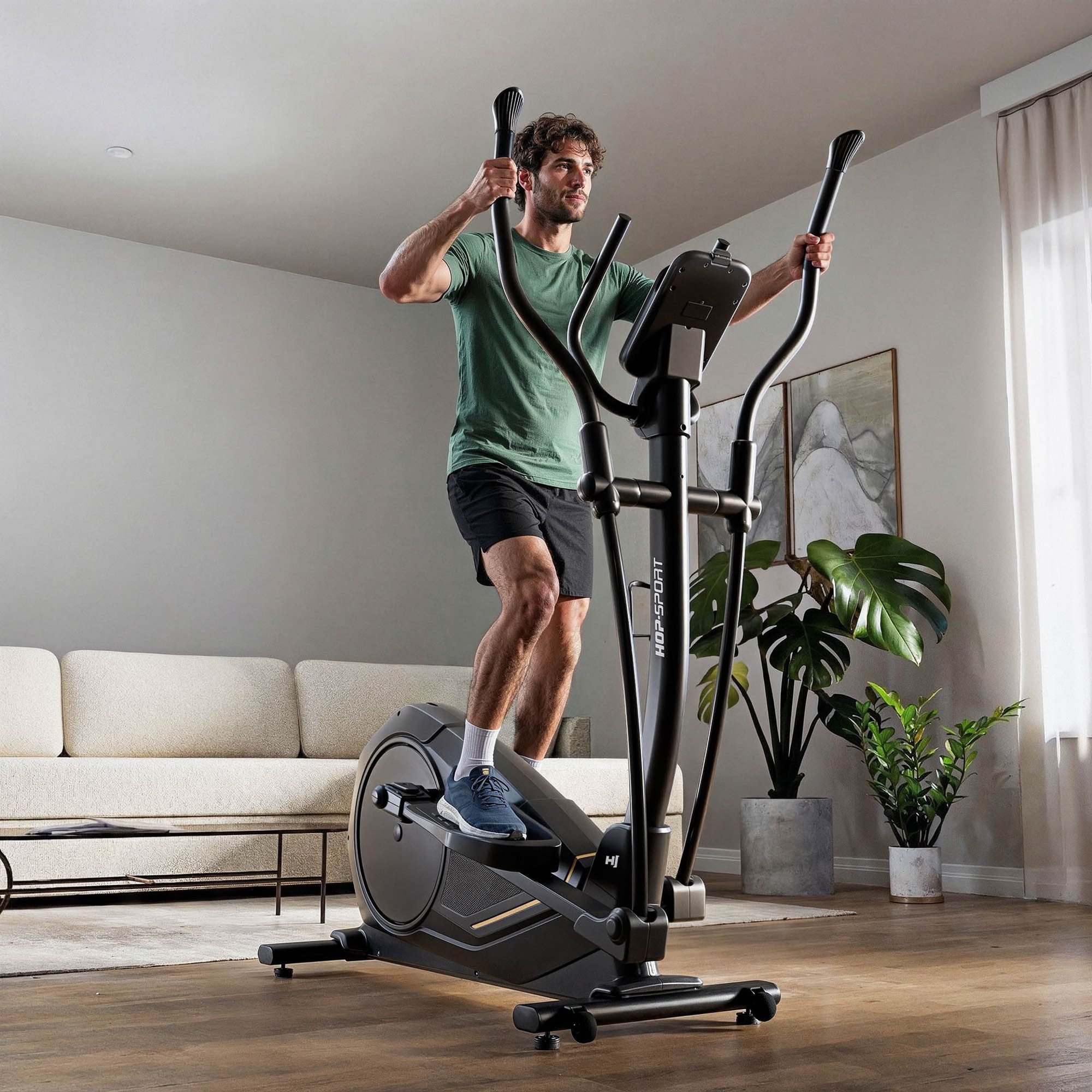 Vélo elliptique avec 32 niveaux de résistance et capteurs de pouls manuels.