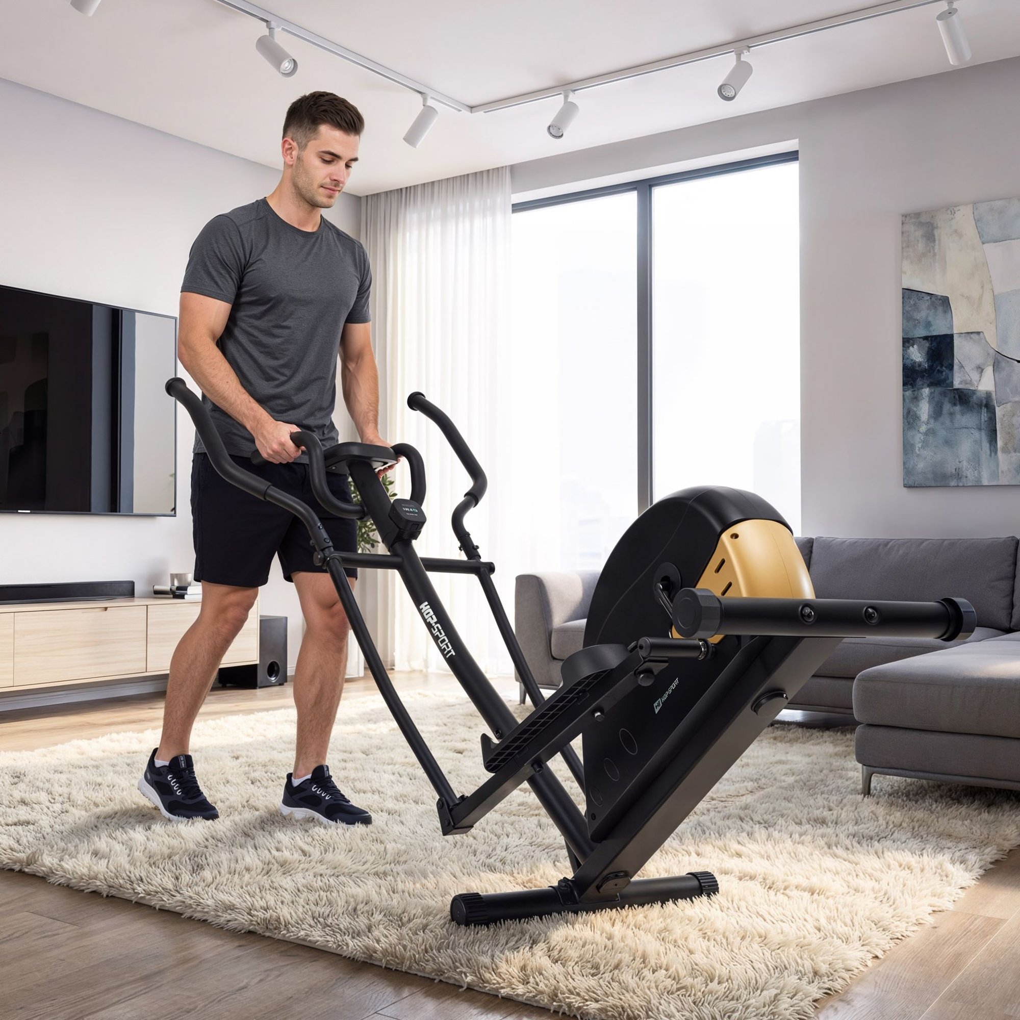 Cross trainer équipé de roulettes pratiques pour un déplacement