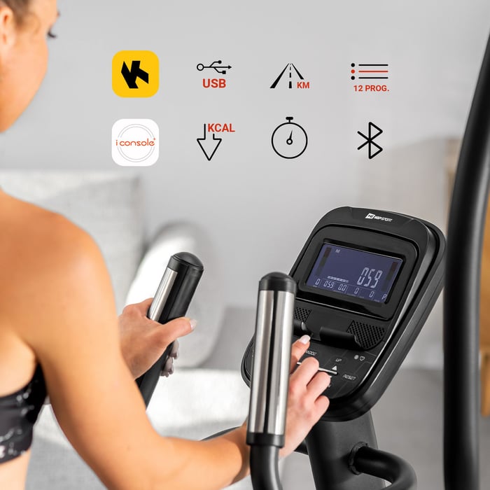 Crosstrainer connecté avec écran clair, compatible avec la ceinture cardiaque