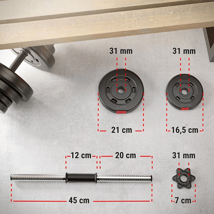 Set haltères 2 x 10 kg avec barres en acier creux moletées et fermetures étoile pour entraînement home gym