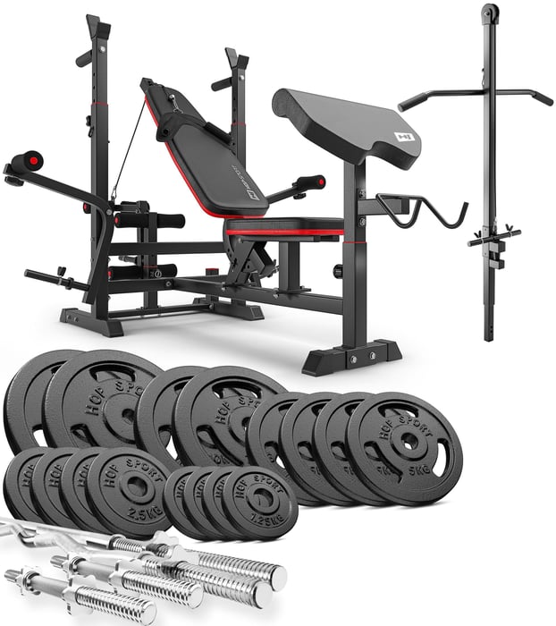 Set complet pour home gym, banc de musculation avec barres et disques pour entraînement musculaire à domicile.