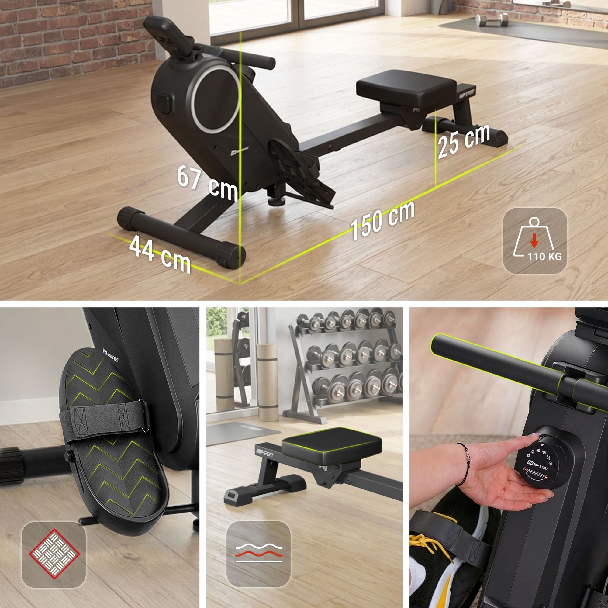 Rameur magnétique Creek pliable pour fitness à domicile, design robuste noir et gris.