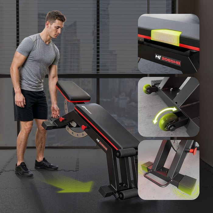 Banc pliable avec roulettes de transport et pieds en caoutchouc protecteurs.