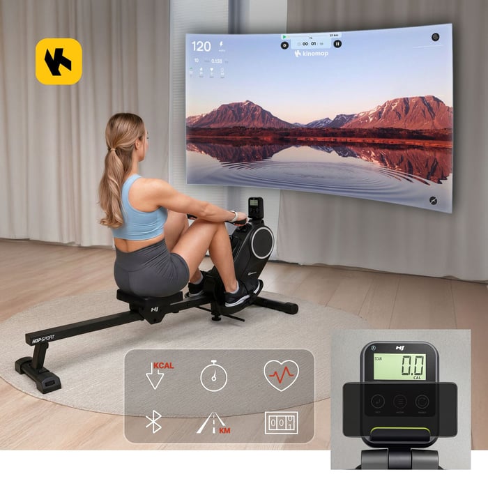 Écran LCD du rameur Creek avec support tablette et connexion Bluetooth Kinomap.