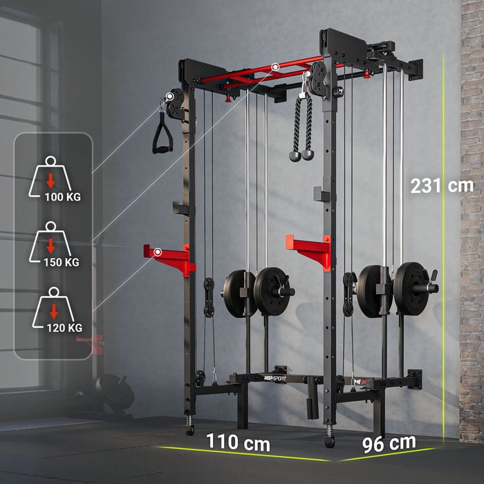 Cage de musculation multifonction avec tirage vertical, rowing et rack à squats.