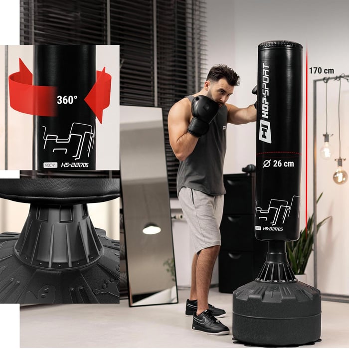Sac de boxe autoportant 170 cm avec base stable et rotation à 360 degrés