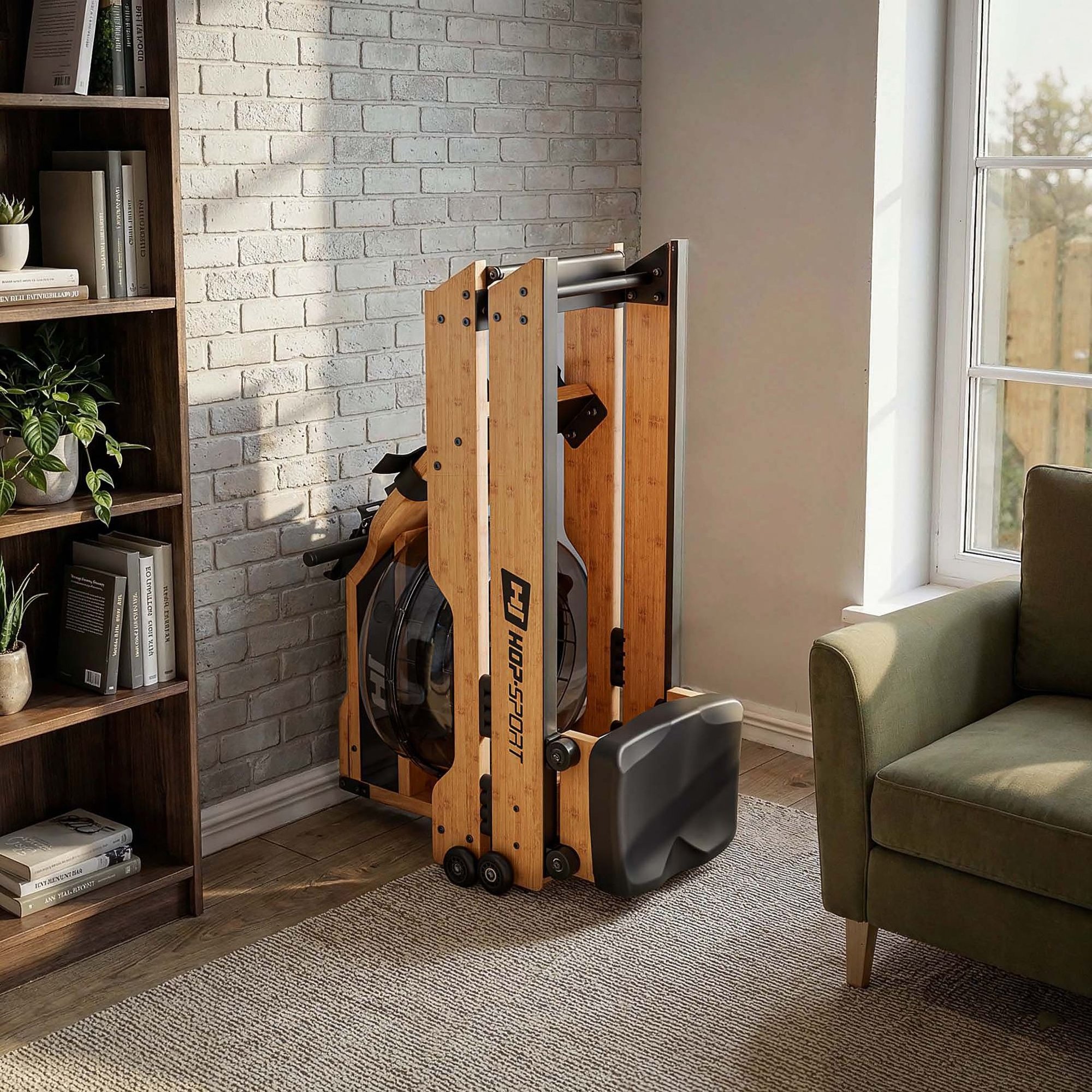 Rameur pliable en bambou avec roulettes pour rangement vertical.