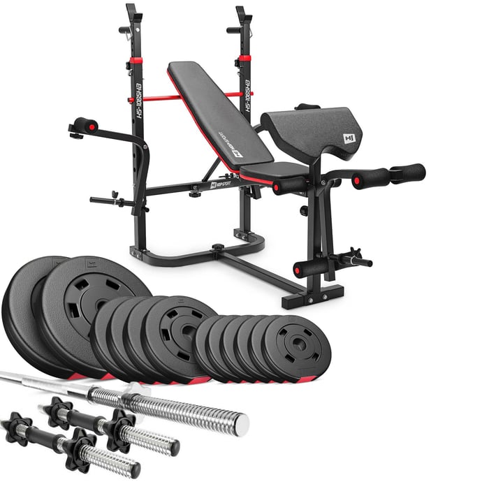 Set complet Hop-Sport : banc, barres, disques et fermetures en étoile.