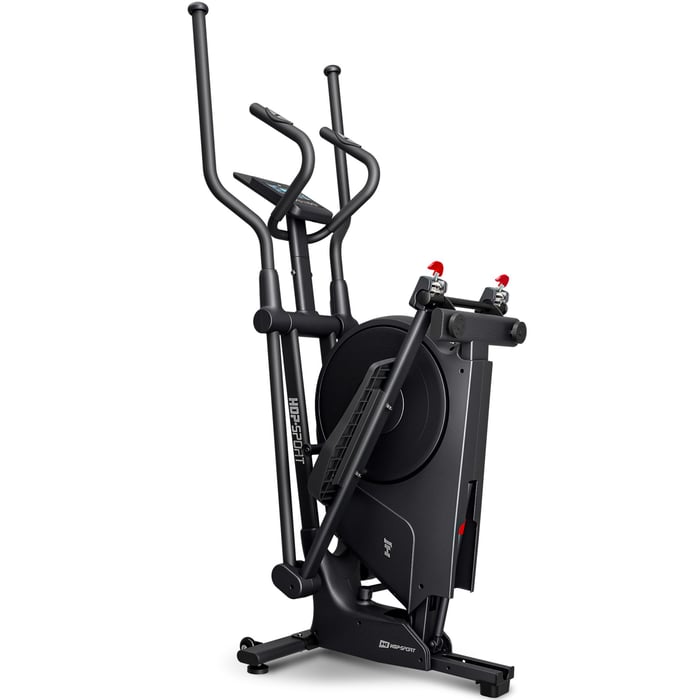 Vélo elliptique HS-5100C Floud plié à la verticale pour un rangement facile.