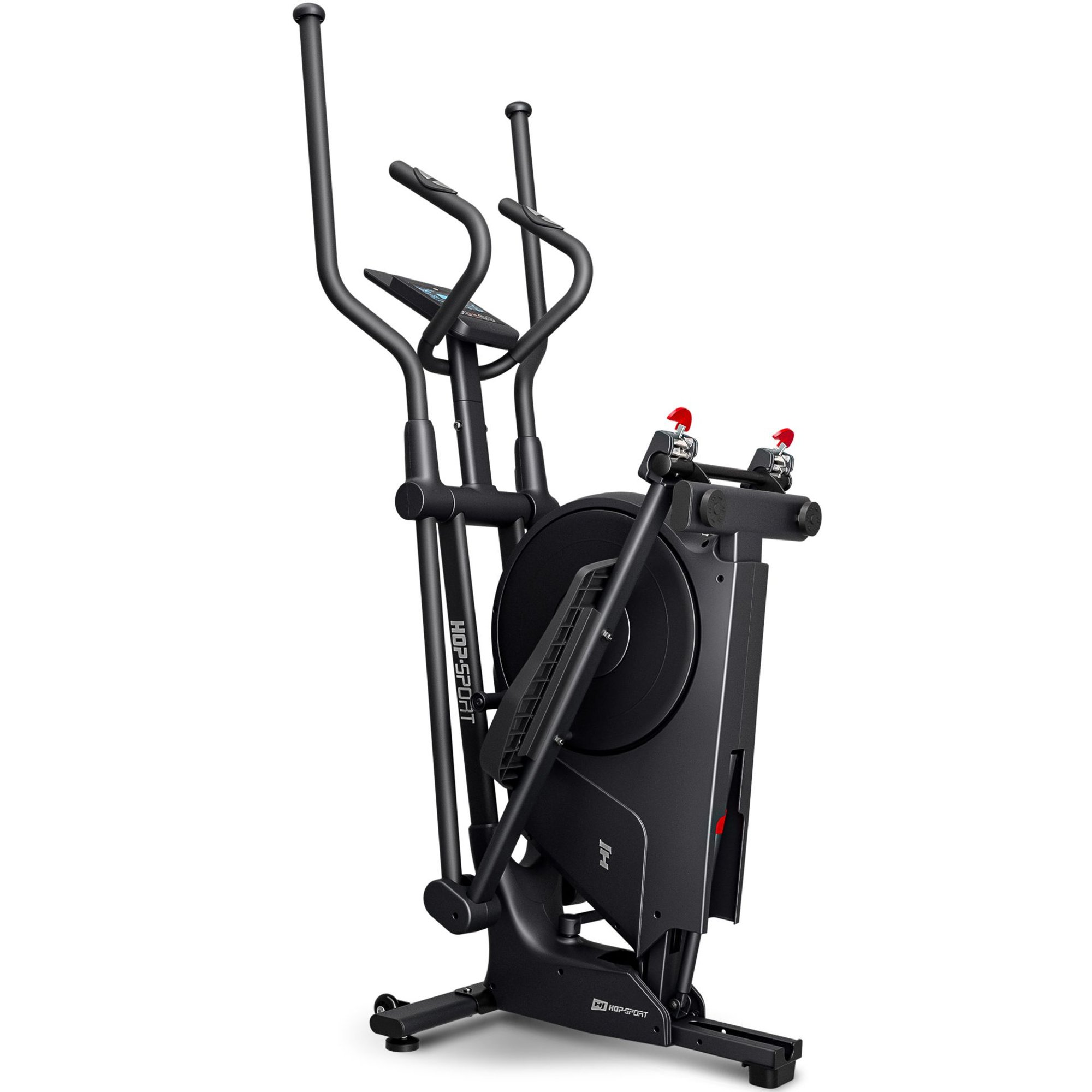 Vélo elliptique HS-5100C Floud plié à la verticale pour un rangement facile.