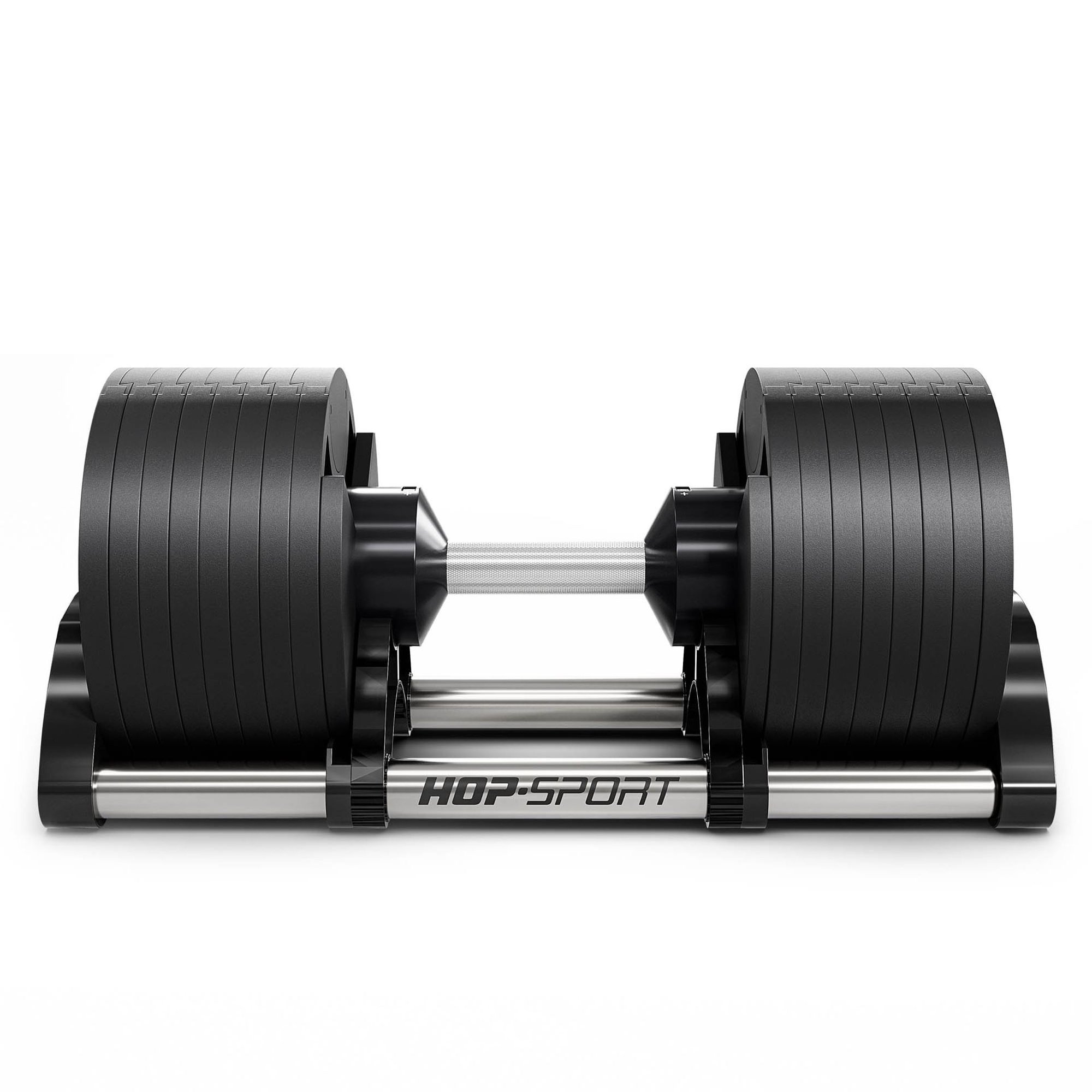 Détail des 16 disques de charge en fonte pour un entraînement de musculation progressif.