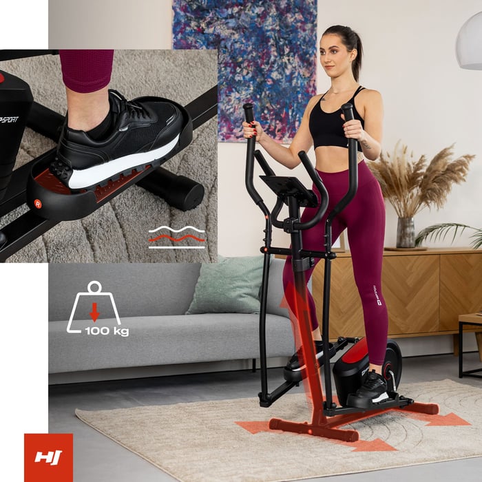 Crosstrainer pratique équipé de roulettes avant, permettant un déplacement simple