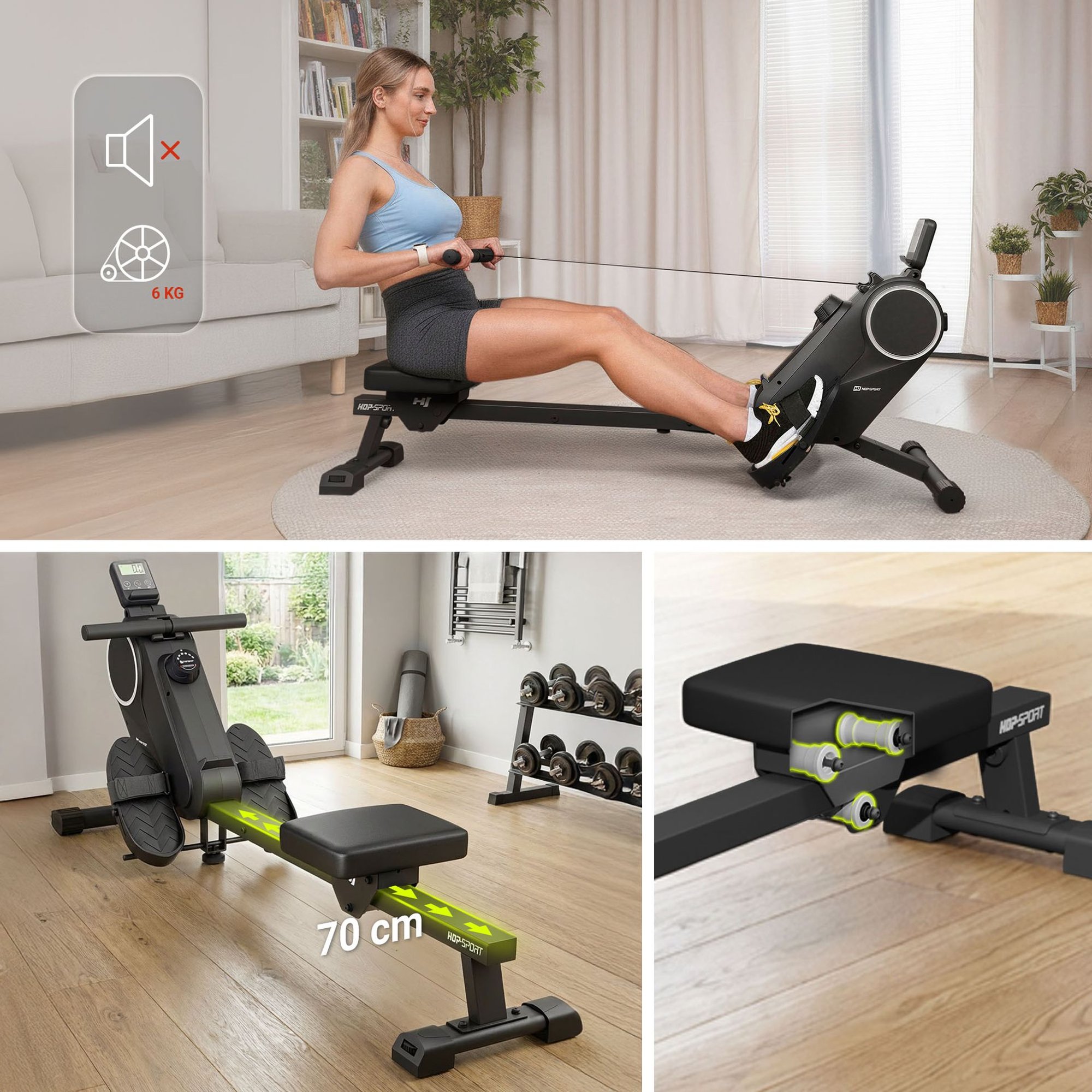 Siège ergonomique et pédales antidérapantes avec sangles réglables du rameur Creek.