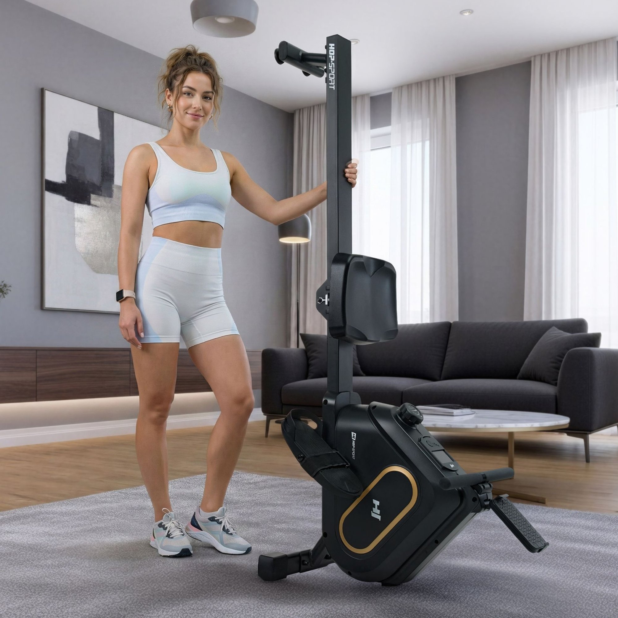 Rangement vertical et roulettes de transport du rameur d’appartement